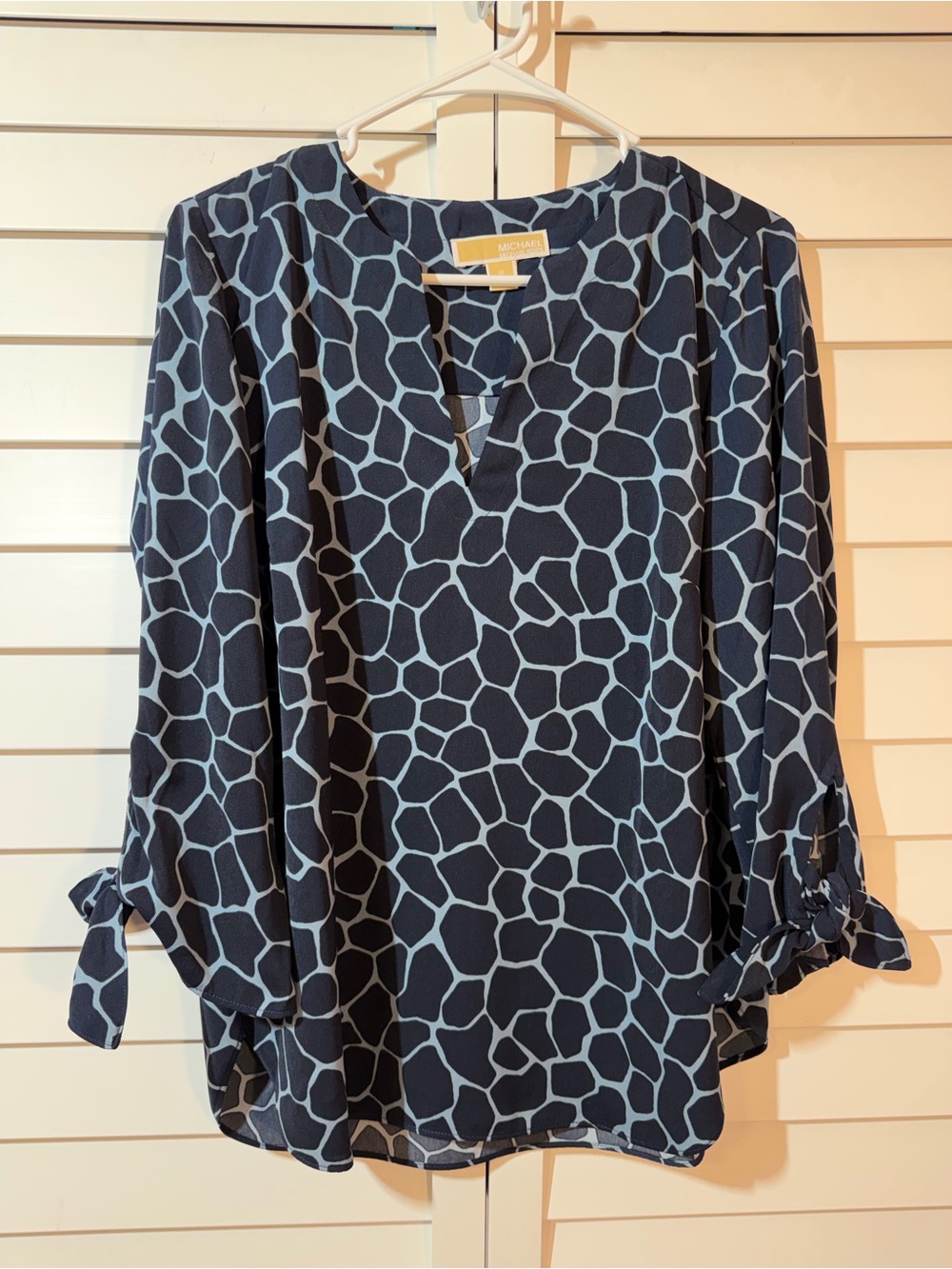 Michael Kors Navy and Light Blue Giraffe-Print Tie-Sleeve Blouse